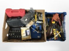 A group of hand tools, socket set, Sony and Sanyo cassette recorders in boxes, etc.