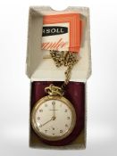 An Ingersoll gold-plated open-faced pocket watch on Albert chain, in original box.