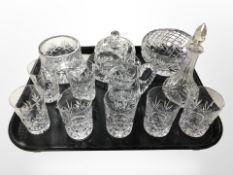 A set of five crystal whisky tumblers, plus two others similar, a rose bowl, bottle with stopper,