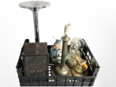 A carved wooden table box, a brass lamp base, quartz clock under dome, Myott & Son Art Deco vase,