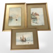 H R Verry (Late 19th/Early 20th century) Three coastal watercolours with fishing boats,