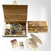A jewellery box containing costume jewellery, a silver abstract pendant inset with opal,
