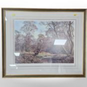 After Caesar Smith : Deer in a wooded landscape, reproduction in colours, signed in pencil,