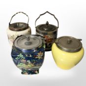 Four Victorian biscuit barrels with plated lids.