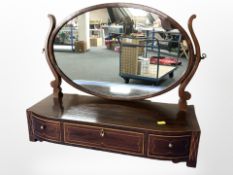 A Victorian style inlaid mohogany dressing table mirror, width 59cm.