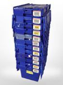 Twelve stackable plastic storage boxes with folding lids,