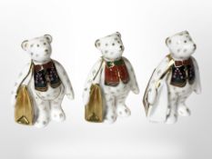 Three Royal Crown Derby teddy bears with shoulder bags paperweights, tallest 9.5cm.