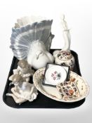 Two Nao figures of seated ballerinas, a further Spanish figure of a dove,