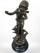 After Moreau : Combats de Coqs, a patinated bronze figure on socle plinth, height 40cm.