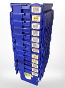 Twelve stackable plastic storage boxes with folding lids,