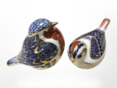 Two Royal Crown Derby bird paperweights, one with gold stopper, one silver.
