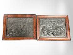 A pair of metal relief plaques : Tavern Scenes, each 15 cm x 20 cm, framed as a pair.