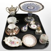 A group of ceramics including a Royal Crown Derby bird paperweight, lacking stopper,