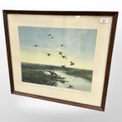 After Sir Peter Scott : Duck Coming in to a Pond, reproduction in colours, signed in pencil,