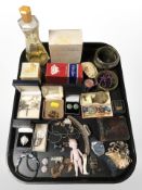 A group of silver and costume jewellery, including silver crucifix and chain, thimble, wrist watch,