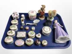 A group of enamelled Halcyon Days pill boxes, other Aynsley examples, Royal Doulton figure 'Taurus',