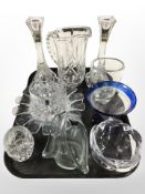 A pair of Polish lead crystal candlesticks and other glass wares, including tea light holders,