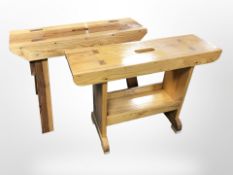 Two large reproduction pine stools, width 80cm.