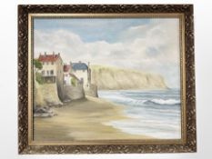 Paul F Gannon : Buildings in a bay by the shorefront, oil on canvas, 49cm x 59cm.