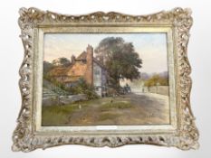 Richard Telford : Figures by a coaching inn, oil on board, 39cm x 29cm.