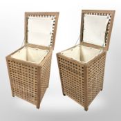 A pair of Scandinavian teak lattice laundry hampers, each 50cm square x 77cm high.
