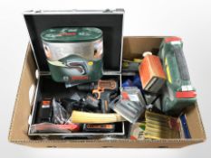 A Black & Decker drill in case, Bosch screwdriver set, and further hand tools including drill bits,