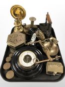 A Danish ebonised barometer, two brass ejector candlesticks, graduated weights, oil lamp, iron, etc.