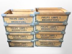 Eight Danish wooden crates with galvanised metal corners, each 48cm wide.