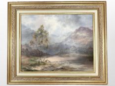 Prudence Turner : Deer family in mountainous glen, oil on canvas, 49cm x 39cm.