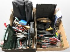 A quantity of hand and power tools, Bosch drill, tack gun, folding rules, etc.