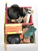 A quantity of welding equipment including masks, rods, gloves, torch, etc.