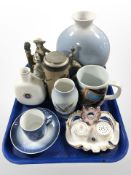 A Royal Copenhagen fajance mug, further vases, teacup and saucer, Spanish figure of a lady, etc.