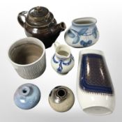 A group of studio pottery vases and other items including Finnish Arabia vase, Czech Teplitz, etc.