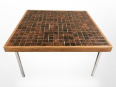 A Danish teak tiled inset square coffee table on chrome legs,