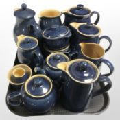 Thirteen various Denby stone ware items in cobalt blue glaze, including jugs, teapots, ramekins,