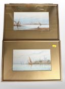 Early-20th century school : Sailboats on a calm river, a pair of watercolours, 13cm x 24cm,