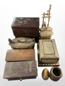 Assorted treen, including an Indian bone and mother of pearl inlaid cigarette dispenser,