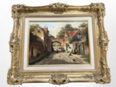 J Beekhout : Figures by an archway in a street, oil on panel, 39cm x 29cm.