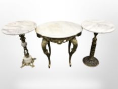 Three gilt metal and white marble occasional tables,