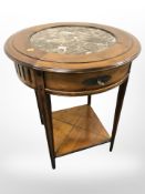A reproduction marble inset circular occasional table, fitted a drawer, diameter 62cm.