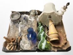 Assorted silver plated and glass wares, turned wooden table lamp, carved bowl,