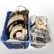 A quantity of curtain rings and fittings, contemporary table lamp, curtain tie back hoops, etc.