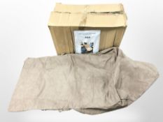 A quantity of taupe faux suede chair covers.