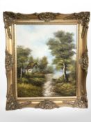 Woodman (contemporary) : A thatched cottage on a rural path, oil on canvas, 60cm x 49cm.