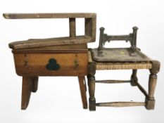 An oak and rattan stool, a cast-iron boot scraper, a storage box,