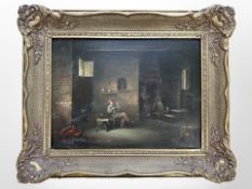 Continental school : Figures in a tavern, oil on panel, 39cm x 29cm.