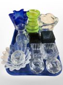 Three Scandinavian glass vases, further textured glass tealight holders, crystal jug, etc.