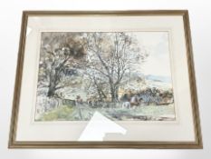 Peter Knox : Fox hunt, The Cheviot Hills, watercolour, 61cm x 42cm, dated November 1980.