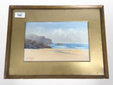 H W Hicks (1880 - 1944) : Coastal landscape at low tide, watercolour, 24cm x 15cm.