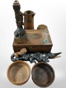 Assorted treen, including table box marked 'Sophie', containing lace fabric, carved busts,